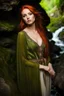 Placeholder: Close UP, delicate, cute, soft, skinny belly red haired Young lady, Green eyes , cave waterfall, medieval