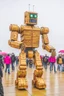 Placeholder: little people looking at huge dancin giant robot of vitalik buterin at burning man festival in the rain