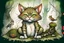 Placeholder: caricature, alcohol ink graphic from an european wild cat sitting in moss, between tendrils and a dead little bird lies between his paws, looks casually and devilishly at the camera, caricature style, detailed, kind, humorous, sharp lines, comic, digital art , blur background