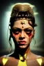 Placeholder: portrait, Shakira, make-up, angry, Realistic image, superhero, retro, dc style, gold make-up, blood, sweat, fog, goddess. Black background, photo studio, concept art, smooth, unreal engine 5, god lights, ray tracing, RTX, lumen lighting, ultra detail, volumetric lighting, 3d, finely drawn, high definition, 4k.