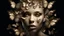 Placeholder: Surreal digital artwork featuring a close-up of a human face with a soft, pale complexion. The face is expressionless, with neutral lips and striking golden eyes that stare directly at the viewer. Its most distinctive feature is the multitude of delicate white and brown butterflies with intricate wing patterns that create its hairstyle, creating a whimsical and dreamlike effect. The background is a soft gray to light blue gradient. The overall style is imaginative and artistic.