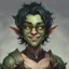 Placeholder: dnd, portrait of cute young orc-elf hybrid femboy, black hair, short hair, curled hair, hair covering one eye, emo hair, round glasses, tusks, sharp teeth, yellow eyes, flat chest, mage, magic, nose ring, pierced ears, twink, smile, sharp teeth, green skin