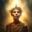 Placeholder: oil portrait of brown hippie pixie hovering in the underground grove sparkling light dust, in the style of dali, 8k, down-light, soft light, depth of field, photo realism, trending on art station, high detail, smoke and fog