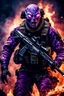 Placeholder: an epic 12k,ultra high definition , digital photo of a scary looking alien, purple colored alien, angy and rising from the ashes, a war veteran, army beret , captain rank, ripped and torn ammo clothing, chaotic fiery and dust background, dramatic close-up action shot of him behind the machine hand gun on the burned out war tanker,gothic and sinister