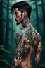 Placeholder: 3d anime style tattooed korean man, nice profile, attraktive handsome, medium long black hair, hot body, his body with geometric tattoos, deep dark colors, blur random forest background, highly detailed, dramatic vibe