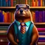 Placeholder: a photograph of a dignified beaver wearing glasses wearing gafas wearing glasses, a vest, and colorful neck tie. He stands next to a tall stack of books in a library