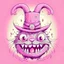 Placeholder: Pink and light purple pastel dream Monster, Rabbit with teeth all over body, top hat and a monocle, 3 eyes and a split tongue, horror cartoon,