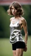 Placeholder: photography of a beautiful anorexic woman, silver satin top, sports illustrated, silver slip, short wavy bob haircut