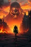 Placeholder: A lone warrior walks through a destroyed, apocalyptic city engulfed in fire and chaos, with burning ruins and collapsed buildings on both sides. The ground is cracked and glowing with embers. A dramatic sunset sky with fiery orange and smoky clouds sets the tone. In the background, a massive, semi-transparent portrait of the same warrior’s face dominates the scene, symbolizing strength, vengeance, and destiny. Ultra-realistic, highly detailed, cinematic lighting, epic composition, 8K HDR, dark a