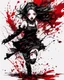 Placeholder: Petit girl goth, run pose, fullbody, splashes blood, behind guts rising from the ground, illustration by <Yoji Shinkawa>, darkred tones,