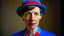 Placeholder: A portrait of a aduld woman, with blue eyes and short brown hair, wearing a blue hat and a blue button-down shirt with a red bow tie. The left side of his face is painted with a colorful abstract design in red, yellow, and blue. The background is a plain light gray. The lighting is soft and even, with no harsh shadows. The style is a combination of portraiture and abstract art.