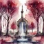 Placeholder: Watercolor burgundy gothic style nature forest with fountain and trees