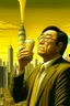 Placeholder: Robert Kiyosaki standing on golden skyskraper drinking milk as helicopters dropping money city burning in background STYLE OF HIROKU OGAI