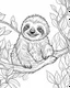 Placeholder: create a 2d black outline, "safari smiling cartoon sloth on a branch coloring book for kids", coloring page, low details design, black contour, coloring page design, simple background, colorful , card style, coloring page for kids, white background, sketch style, safari landscape, cartoon style