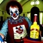 Placeholder: Randy West, A clown that is looking Like the famous actor Randy West holding a bottle inside a church, Randy West is an actor from the 1980, John Wayne Gacy