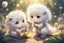 Placeholder: two cute fluffy chibi creatures, one kneeling and planting flowers, the other watching with arms folded in the sunshine, etherial