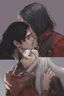 Placeholder: A couple from the dnd game curse of Strahd kissing, kiss, kissing She has white hair he has long black hair.