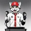 Placeholder: a drawing of a manga cat man with a sports cap and shirt, speaking at a (((lectern))) with a microphone, red, white and black colors, cat white and black colors, (((smiling cat)))