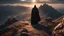 Placeholder: The Shadow of Death clad in a black robe standing on a mountain top, using the staff of destruction to burn the world. front to the camera. fantasy art, Cinematic lighting, Volumetric lighting, Epic composition, Very high detail, Character design, Unreal Engine, Octane render, HDR, Subsurface scattering