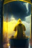 Placeholder: portrait of dead seafarer sitting in yellow raincoat on deck of enormous living wooden ship, storm clouds, lightening, volumetric light,depth of field, fantasy art, 4k, highly detailed, sunbeam