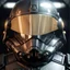 Placeholder: star wars bald male corellian pilot wearing dark gunmetal grey and black First Order special forces TIE pilot armored flightsuit and helmet with gold trim inside the jedi temple, centered head and shoulders portrait, hyperdetailed, dynamic lighting, hyperdetailed background, 8k resolution, volumetric lighting, light skin, fully symmetric details