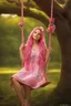 Placeholder: A Beautiful Young Female In A Cute Pink Dress With Flowers On It, Long Rainbow Colored Hair, Swinging On A Tree Swing In The Forest, Midday, Beautiful Landscape, Realistic And Natural, Detailed Full-Color, Nature, Hd Photography, Galen Rowell, David Muench, Perfect Composition, Gloss, Hyperrealism, Hyper Detailed, Cinema 4d, Matte Painting, Photorealistic