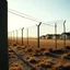 Placeholder: Photorealistic style, wasteland, noon-light, huge fence in the background, movie shot, details, high contrasts, fence, powder, aluminum, row of houses