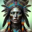 Placeholder: war painted pueblo Indian female, dark, disturbed expression.intricate detailethnically accurate face, intricate head dress, detailed make-up, detailed turquoise jewelry, detailed hair, detailed feathers, use dynamic palette, accurate proportions, high contrast.earnst haeckel style