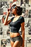 Placeholder: a woman full body in repose, tight t-shirt with seashell sunglasses atop her head, background is montage of torn paper from magazines, of 1960's movie poster