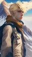 Placeholder: anime image of a blonde-haired, handsome-looking, beautiful-eyed man standing on the top of a mountain, face facing the camera with a backpack, CGI graphic image output, greg Rutkowski style
