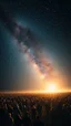 Placeholder: A field of random people in a bright lighting , at the end of the picture the universe with stars sky in a dark background , lot of rockets and falling stars filling the picture