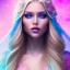 Placeholder: beautiful, soft, big smile face, whole head, long straight blonde hair blues eyes, crown on the head, clothing in transparent bluish and pink veil, background brillante bluish and pink, hight definition, 8K