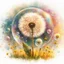 Placeholder: Create a watercolor and chalks painting, whimsical painterly fantasy art, a single large dandelion plant including appropriate leaves at the base of the stem, the head of the dandelion surrounded by a transparent bubble, the dandelion has gone to seed, paint splatter overlay, intuitive pastel colors, soft yellow meadow sprinkled with dandelions and small transparent bubbles in background, add reflections to the bubbles, watercolor and chalk style.