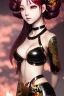 Placeholder: Detailed cute anime Kunoichi girl with dragon tail, deep red hair buns, bangs, black latex bodysuit, intricate details, full body portrait, keep head in frame, slight smile, black Japanese motif, concept art, highly detailed, digital painting, concept art, sharp focus, illustration, art by Yoji Shinkawa, WLOP and greg rutkowski and alphonse mucha and artgerm and yanjun Chen and Junji ito and Makoto Shinkai, HDR, octane render