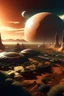 Placeholder: Une planète vierge comme Mars habitée par l'homme avec des plantations, des fermes et des villes futuriste et un grand vaisseau en premier plan et un soleil en arrièe plan et un ciel sombre