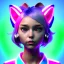 Placeholder: waitress teenager, cat ears headband, rounded face, pink hair, color cheeks, striped shirt, neon ambient light, vibrant color, highly detailed, art stations, concept art, smooth, 16 bit, unreal engine 5, god rays, ray tracing, RTX, lumen lighting, ultra detail, volumetric lighting, 3d, finely drawn, high definition, high resolution.