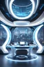 Placeholder: fotografia panoramica del interior de una oficina futurista, colores blanco y azul, luces de neon decorativas, gran ventanal con vistas a la ciudad de neo tokio, formas redondeadas, panoramico, sala amplia con un gran escritorio futuristico en el medio, neon ambiance, abstract black oil, gear mecha, detailed acrylic, grunge, intricate complexity, rendered in unreal engine, photorealistic