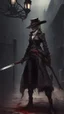 Placeholder: Lady maria form bloodborn with bloody eyes holding a katana and the atmosphere is dark and the time is 1800s london themed