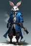 Placeholder: Full body dnd character. Fantasy rabbit with blue fur. Lots of belts wearing tattered trench coat. Smokey background.