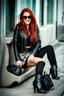 Placeholder: pretty 30 years old woman, red long haired, nice smile, sunglasses, headphones, nice body, big bubs and nice legs, little leather jacket, skirt and boots rocker fashion