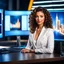 Placeholder: amodern tv studio a beautiful girl perfect face curly hair in official clothing sitting next to desk presenting news looking at camera, with picture of an old man in tv screen at background