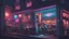 Placeholder: Isometric, cyberpunk, cafe, comic book art style, night time