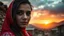 Placeholder: A Closeup face of a beautiful a young Pakistani pashto woman in a beautiful traditional red dress with white embroidery outside village houses made of rocks & bricks with mountains behind her at beautiful cloudy sunset showing cinematic And dramatic ambiance.