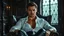 Placeholder: A breathtaking cinematic portrait of a handsome, muscular man around 35 years old sitting confidently in an elegant Victorian armchair inside a dark Gothic castle room. He has medium-length dark hair, a strong masculine face, subtle stubble, and an intense, determined gaze looking directly into the camera. His white shirt is partially unbuttoned, revealing part of his chest, with fitted black leather trousers and classic Gothic elegance. detalied, cinematic