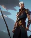 Placeholder: A strong kind young male character with a massive spear weapon with white hair, full body by Greg Rutkowski, Sung Choi, Mitchell Mohrhauser, Maciej Kuciara, Johnson Ting, Maxim Verehin, Peter Konig, 8k photorealistic, cinematic lighting, HD, high details, dramatic, atmosphereric, trending on artstation