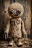 Placeholder: creepy cute burlap doll with scared face, its body is dirty, holey, cracked old burlap, its big head is made of burlap, its two eyes are made of coat buttons, there are stitches on its body , it sits in the corner of a dilapidated, dirty room in a dilapidated house, a spider crawls towards him on the floor, low lighting, detailed, thriller, eerily impressive image