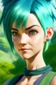 Placeholder: Bulma from Dragon Ball Super, Ultra realistic human like portrait, greenery background,