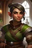 Placeholder: Dungeons and dragons orc tomboy. She has gray skin. She is kind. She is handsome. She has nice eyes. She has short hair. She is strong. She is in a tavern. She has broad shoulders. She has a large jaw. She has small tusks and a wide smile. Realistic style