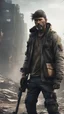 Placeholder: Render a gritty and realistic portrayal of a post-apocalyptic survivor, wearing tattered clothing and carrying makeshift weapons, standing in a desolate urban landscape. Enhance the atmosphere with muted colors and subtle details. 8k resolution.