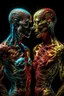 Placeholder: cinematic gore photorealistic fleshy dmt lsd photo of 2 bodies, 1 male 1 female, 1 soul, complementary, anatomically fragmented, ripped apart again being flayed, skinned alive. A beating heart, muscles, blood vessels, bowels, entrails are exposed. anatomy. physiology. astrology. astronomy. hallucinations. mythology. grotesque.